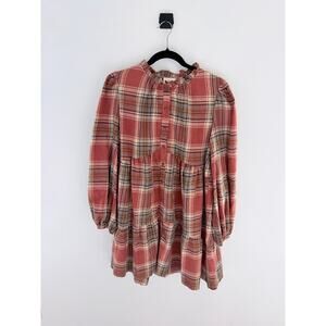 Aura Brown Orange Long Sleeve Plaid Tiered Midi Dress-Size M